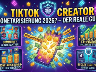 Smartphone zeigt TikTok-Interface mit E-Commerce-Shop-Features, Aufwärtschart und Münzen zur Monetarisierung