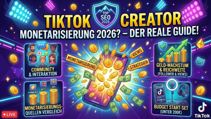 Smartphone zeigt TikTok-Interface mit E-Commerce-Shop-Features, Aufwärtschart und Münzen zur Monetarisierung
