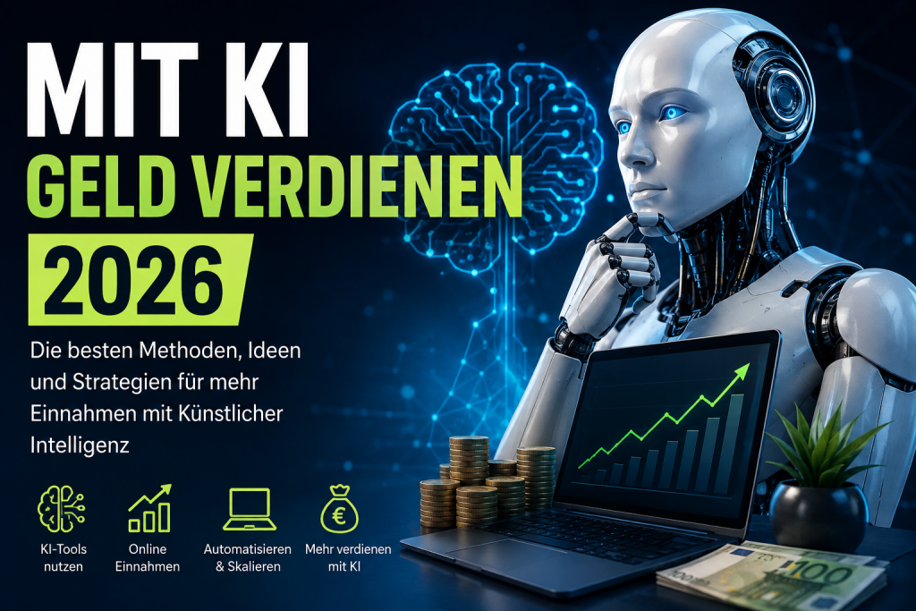 Alt-Text:
Mit KI Geld verdienen 2026 – seriöse Möglichkeiten und KI-Geschäftsmodelle